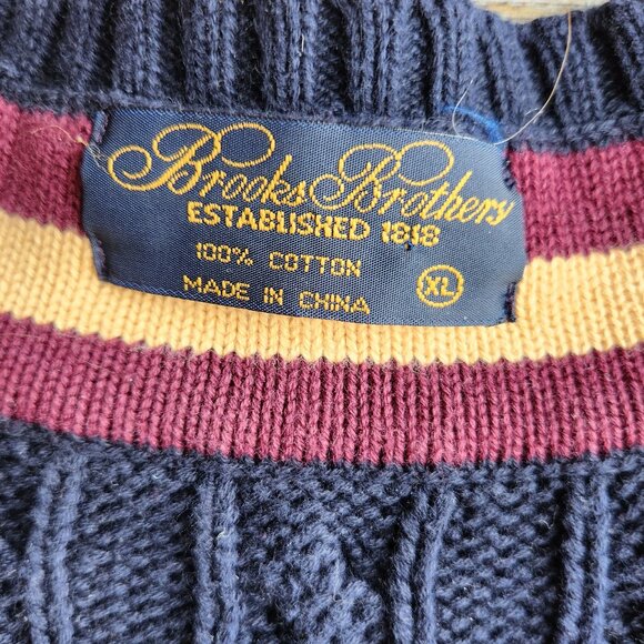 Vintage Brooks Brothers Cotton Cable Knit Cricket V-Neck Sweater Navy - Picture 5 of 10